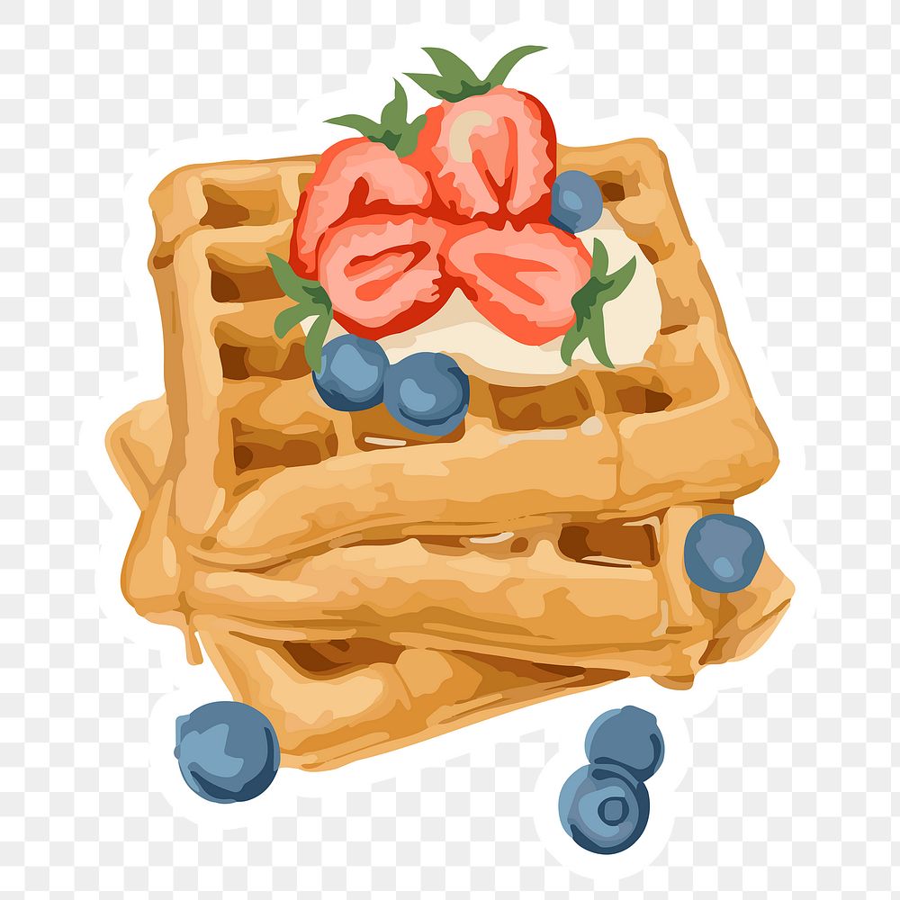 Vectorized waffles topped with berries sticker overlay with a white border design element
