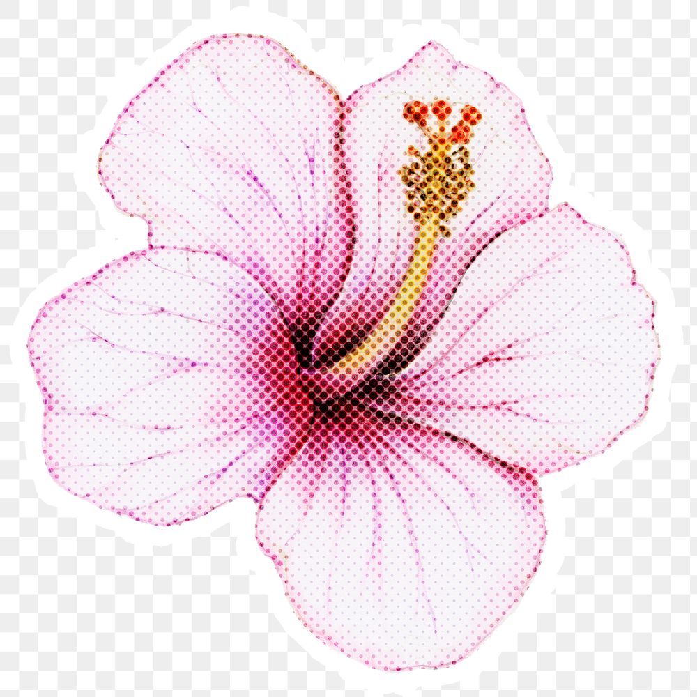 Halftone Hibiscus flower sticker overlay with white border