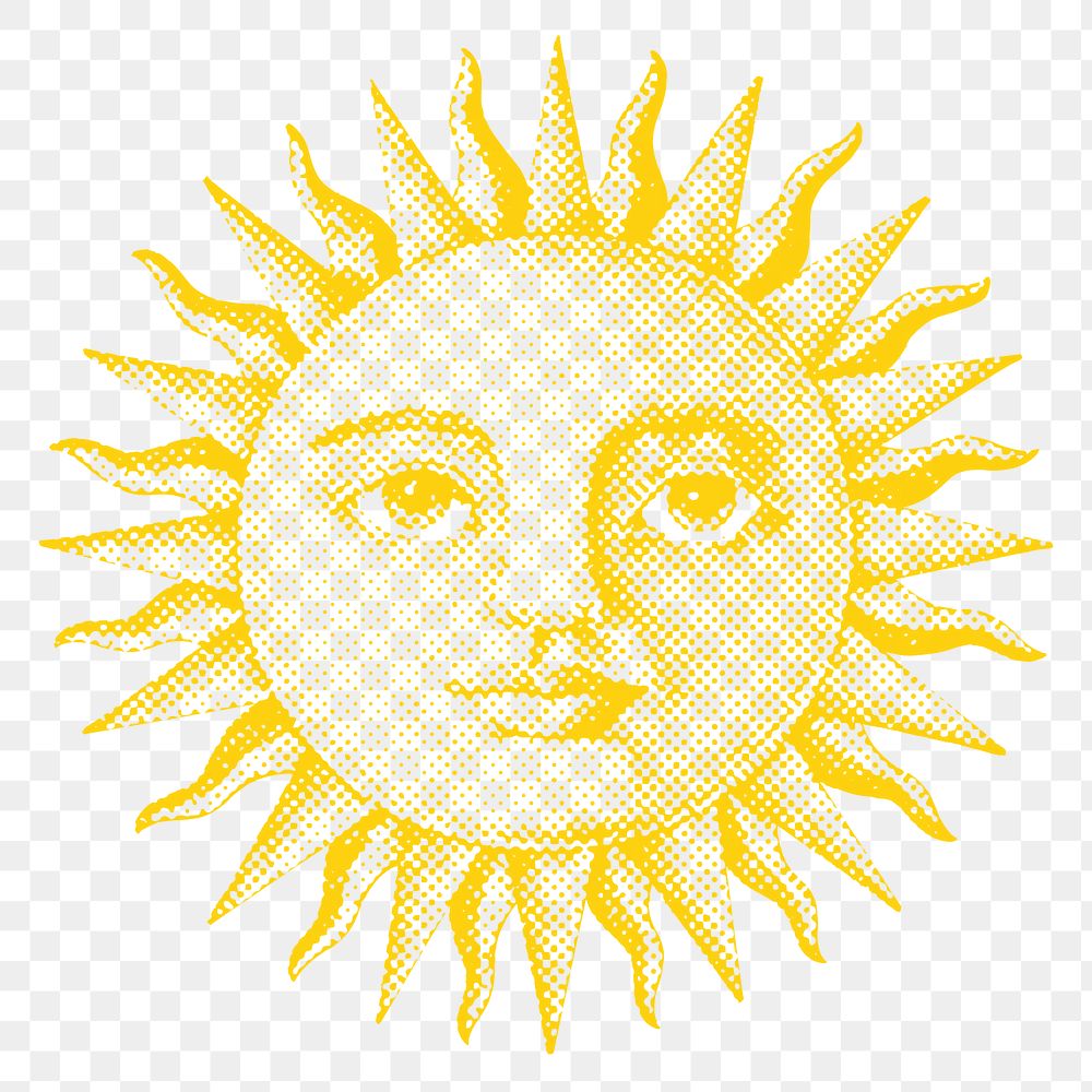 Halftone sun with a face sticker design element