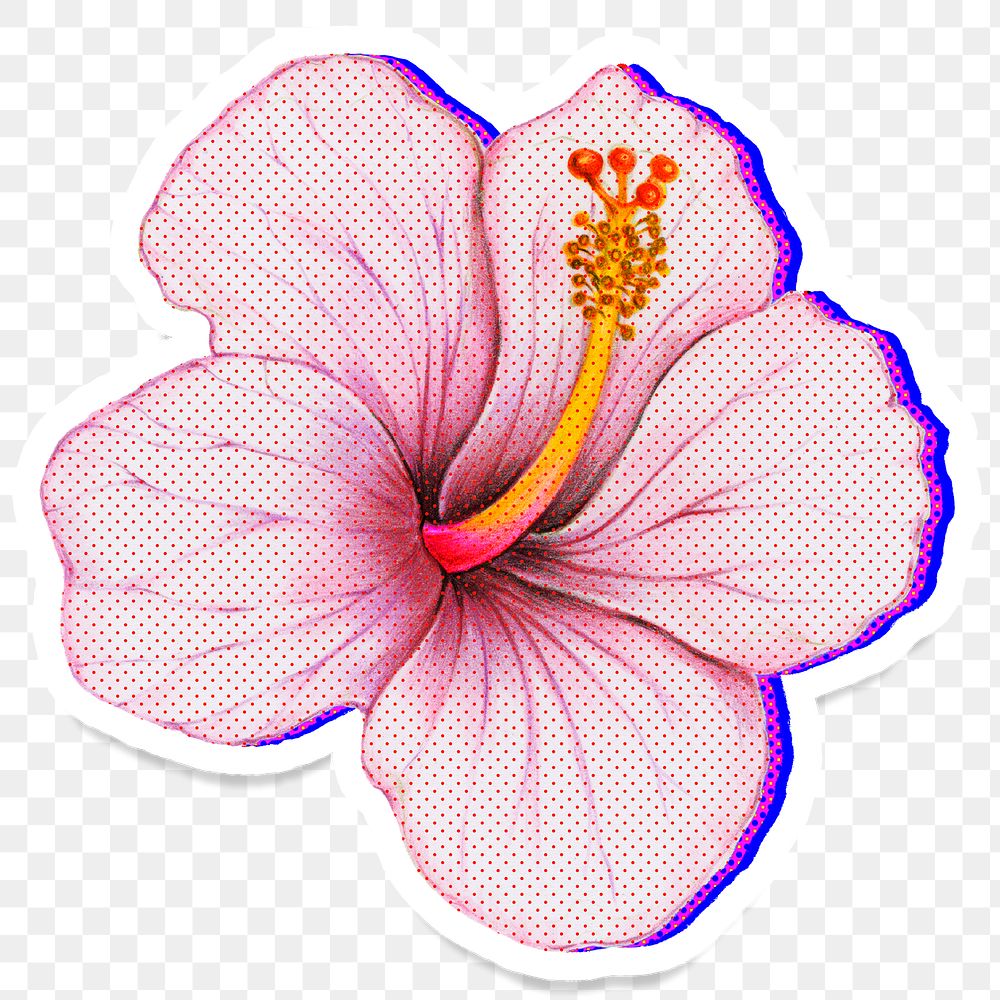 Halftone Hibiscus flower with neon outline sticker overlay with white border