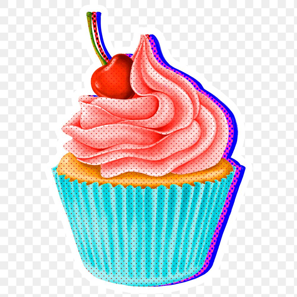 Halftone cherry cupcake with neon outline sticker overlay with white border