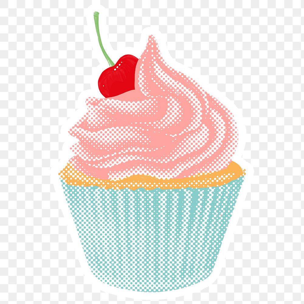 Halftone cherry cupcake sticker overlay with white border 
