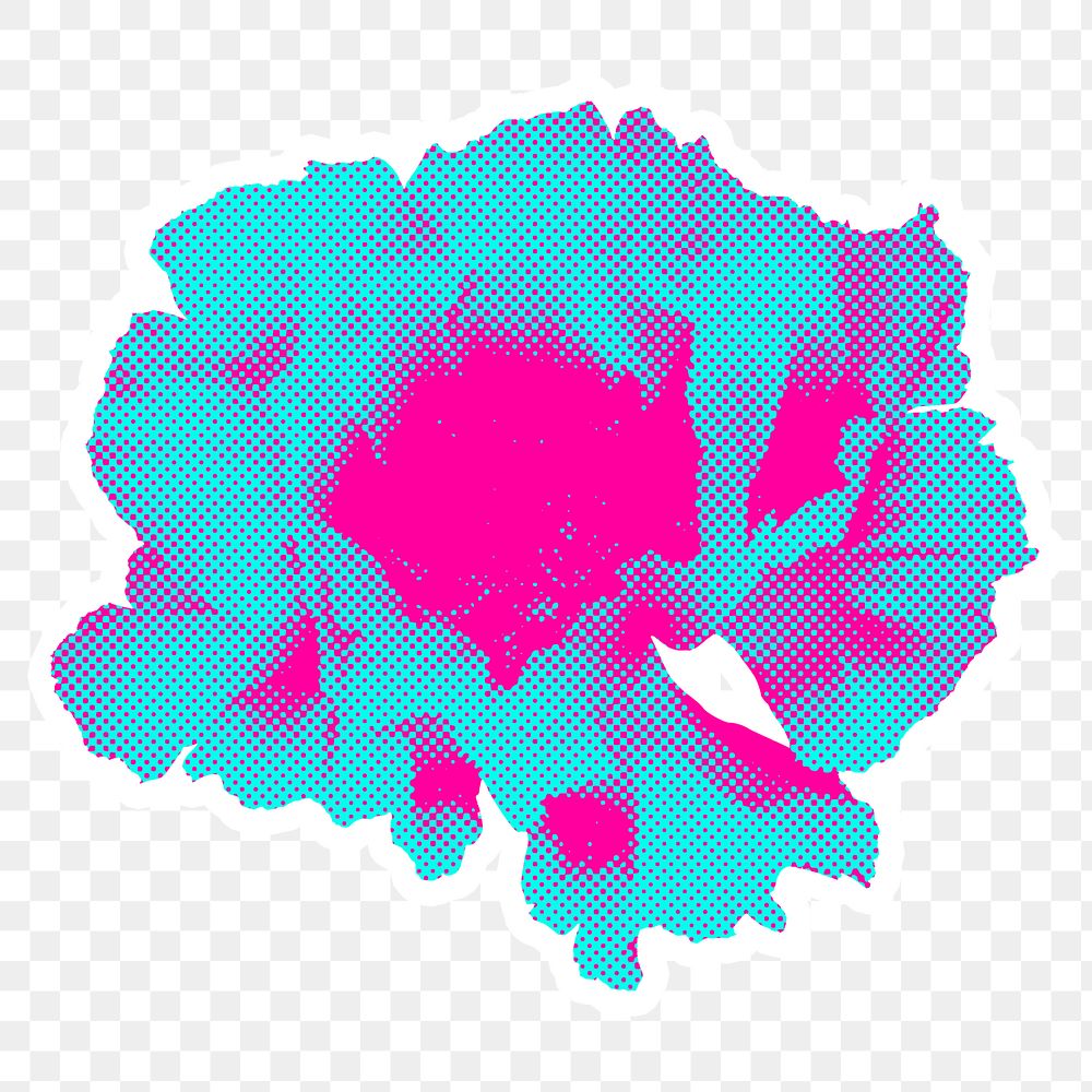 Funky halftone wild rose flower sticker overlay with white border