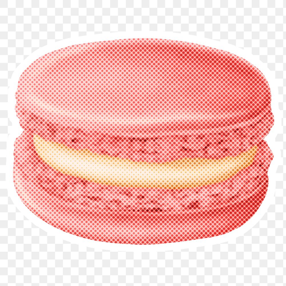 Halftone pink macaron sticker overlay with white border 