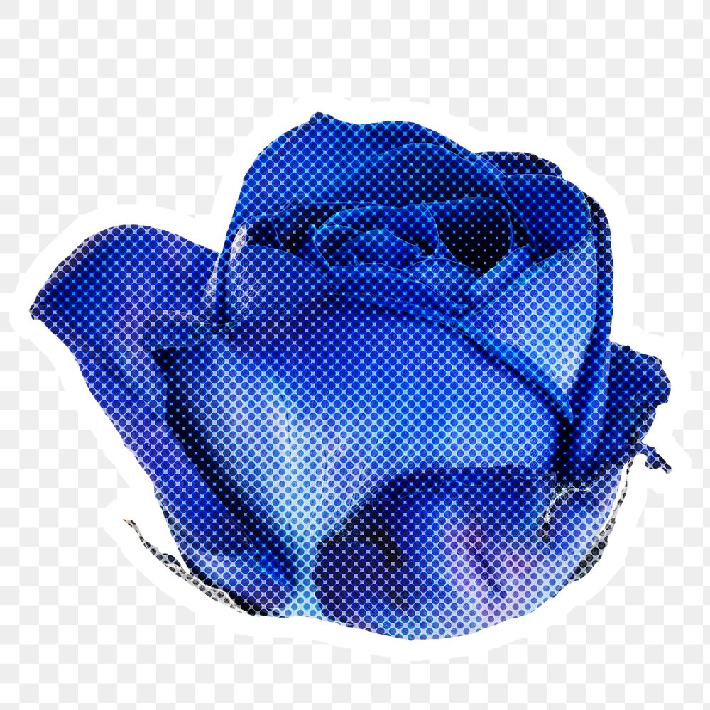 Halftone blue rose flower sticker overlay with white border 