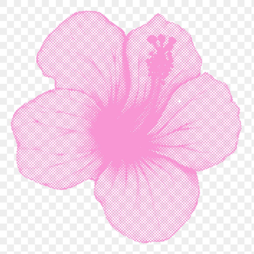 Halftone pink hibiscus sticker overlay with white border 