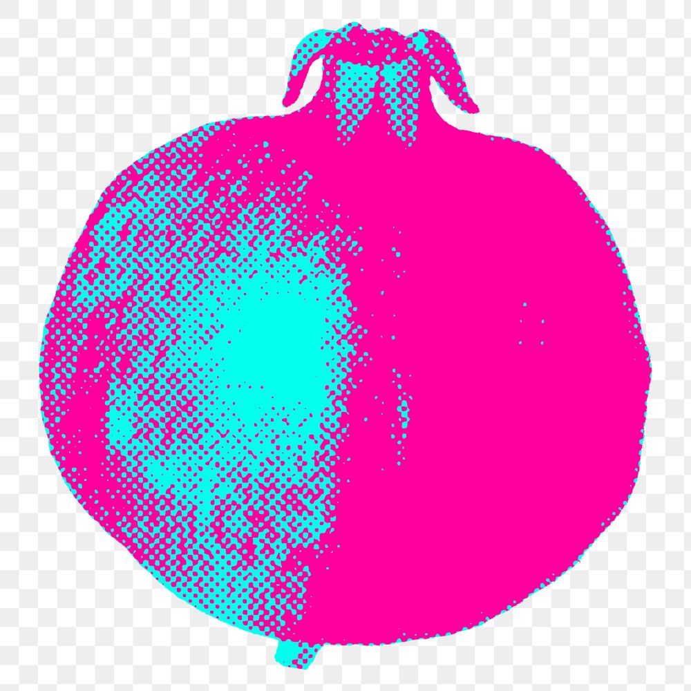 Funky halftone pomegranate design element with white border 