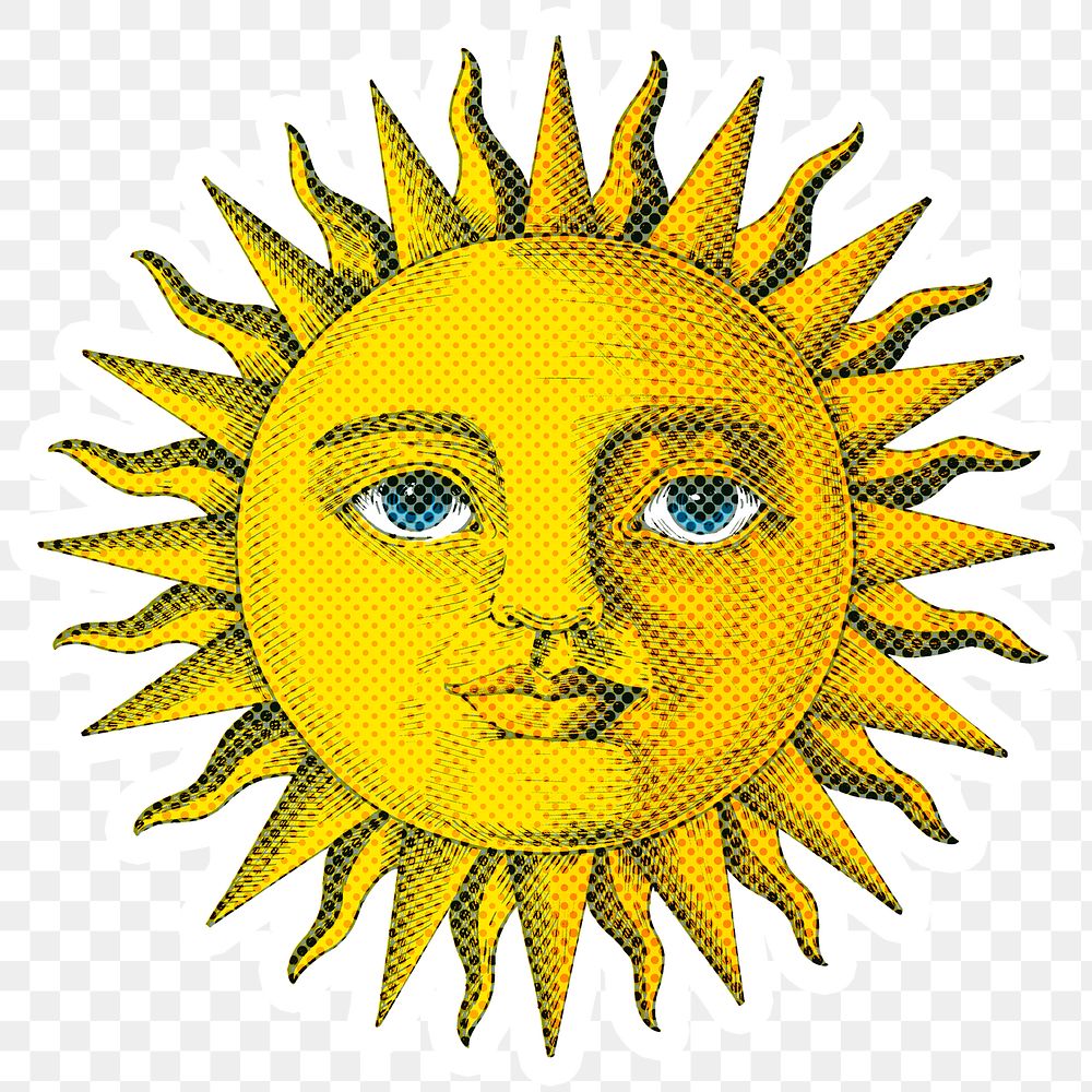 Hand drawn sun with a face halftone style sticker overlay with a white border