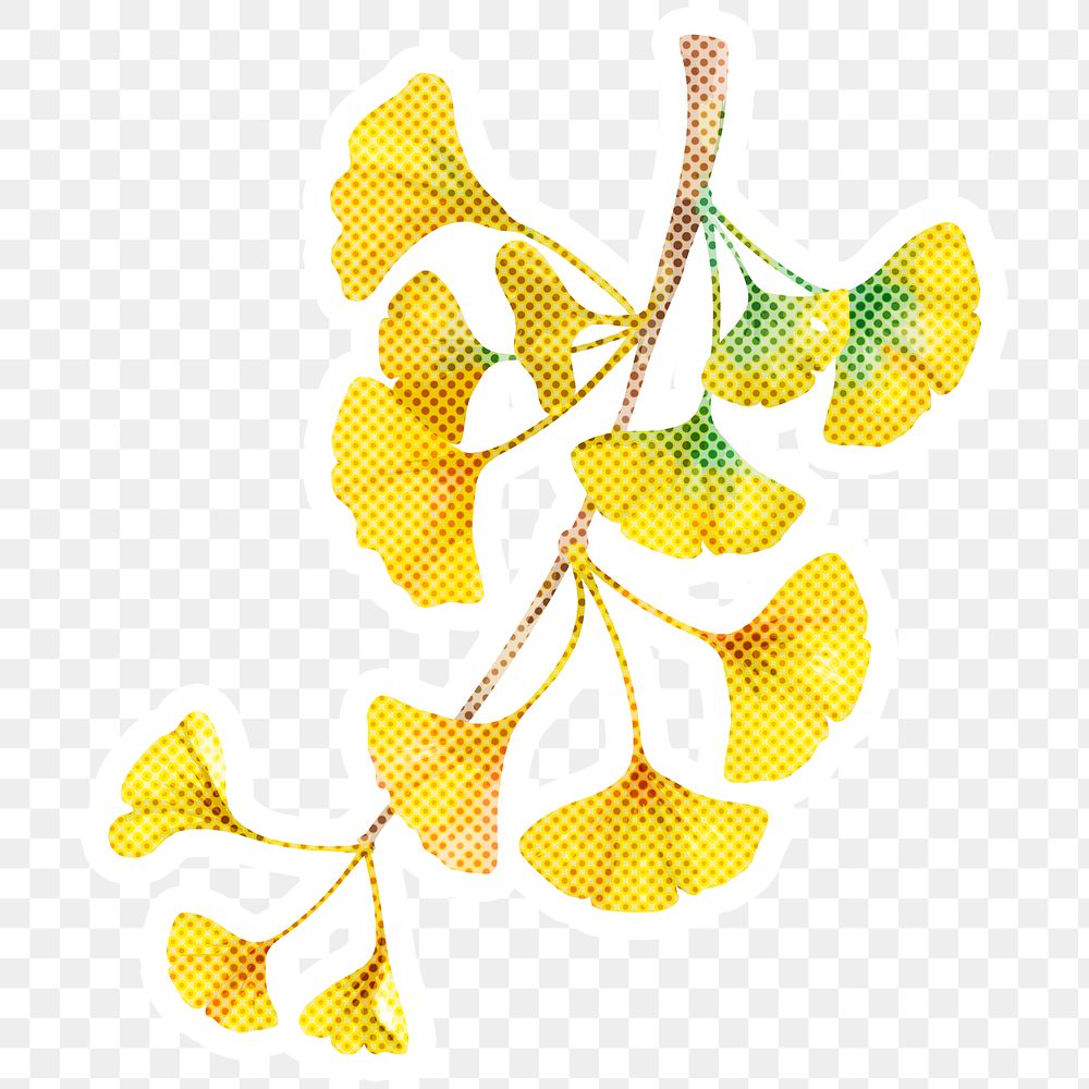 Hand drawn ginkgo flower halftone style sticker overlay with a white border