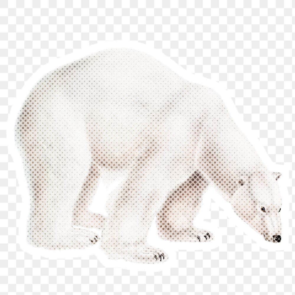 Hand drawn polar bear halftone style sticker overlay with a white border