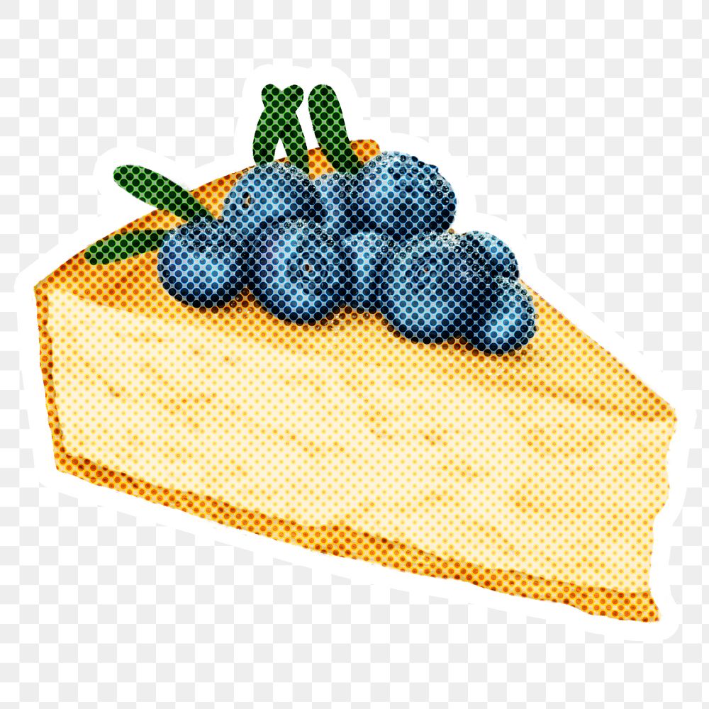 Hand drawn blueberry cheesecake halftone style sticker overlay with a white border
