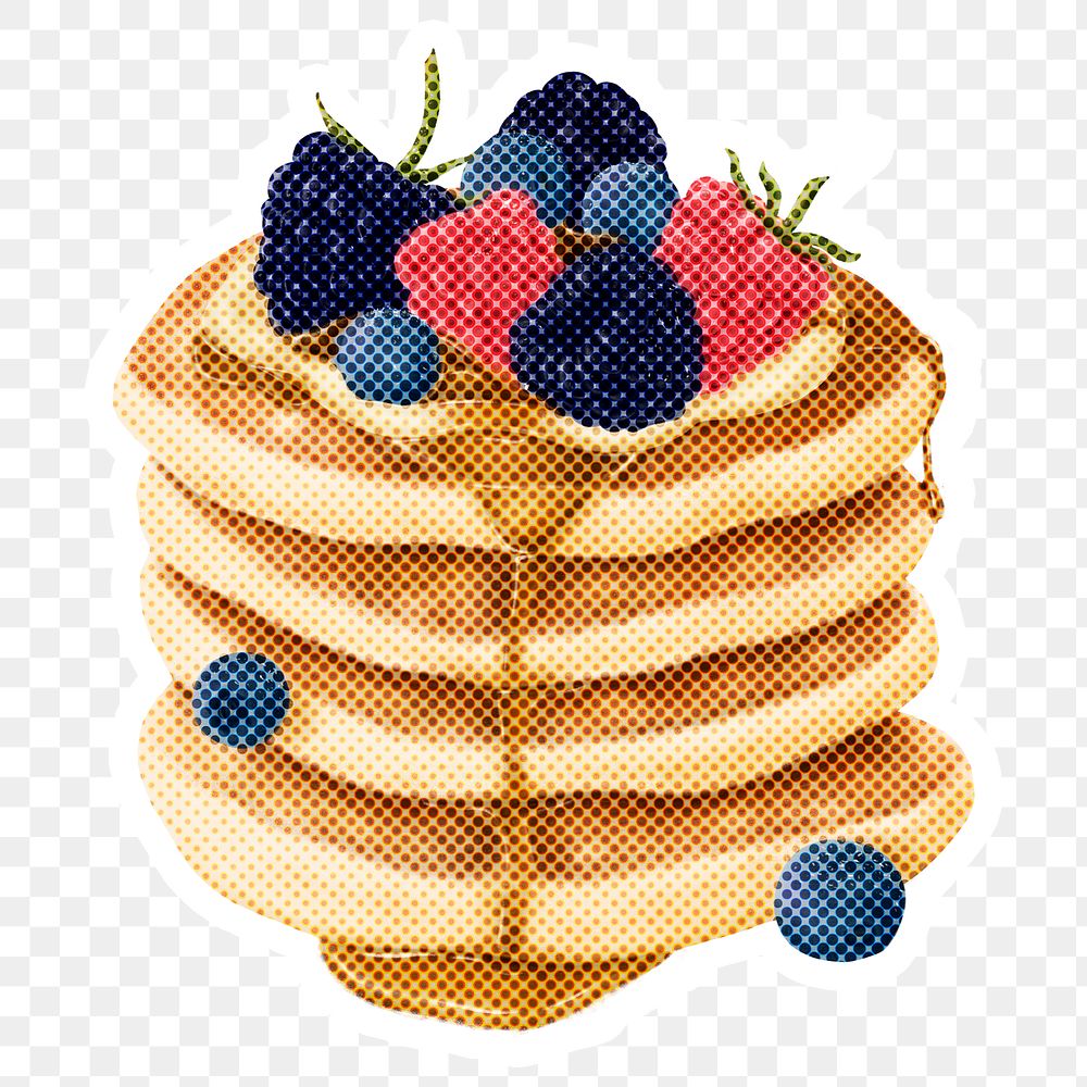 Hand drawn pancakes halftone style sticker overlay with a white border