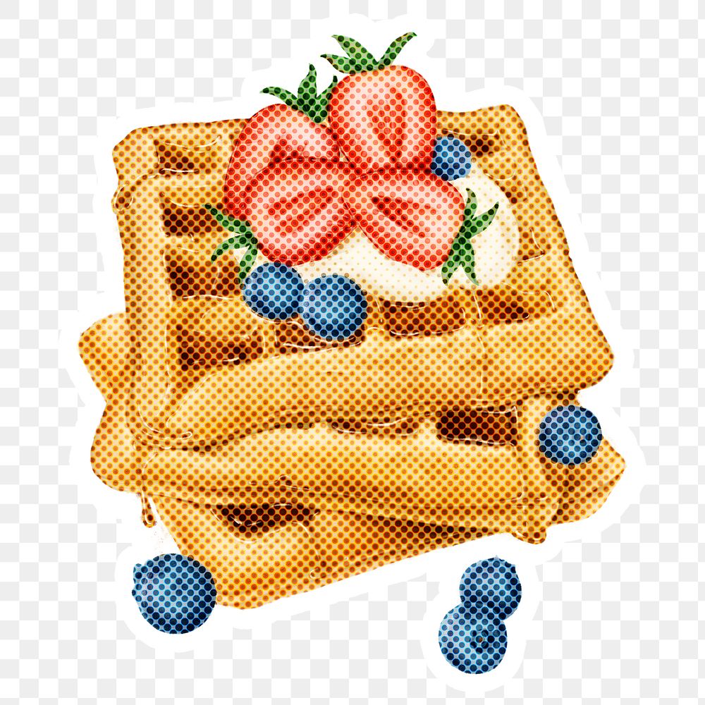 Hand drawn waffles halftone style sticker overlay with a white border