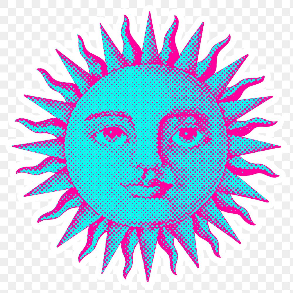 Hand drawn funky sun with a face halftone style sticker overlay with a white border