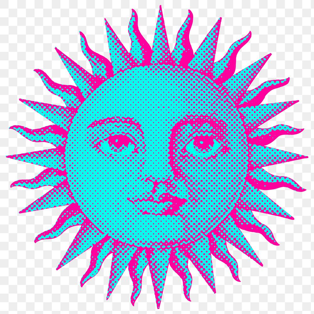 Hand drawn funky sun with a face halftone style sticker overlay