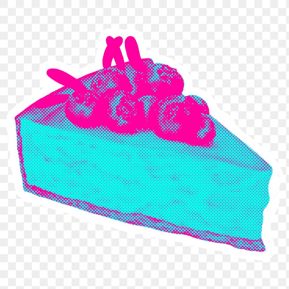 Hand drawn funky blueberry cheesecake halftone style sticker overlay with a white border