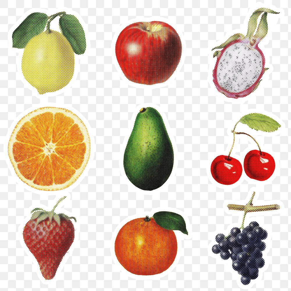 Halftone tropical fruit sticker set  with a white border