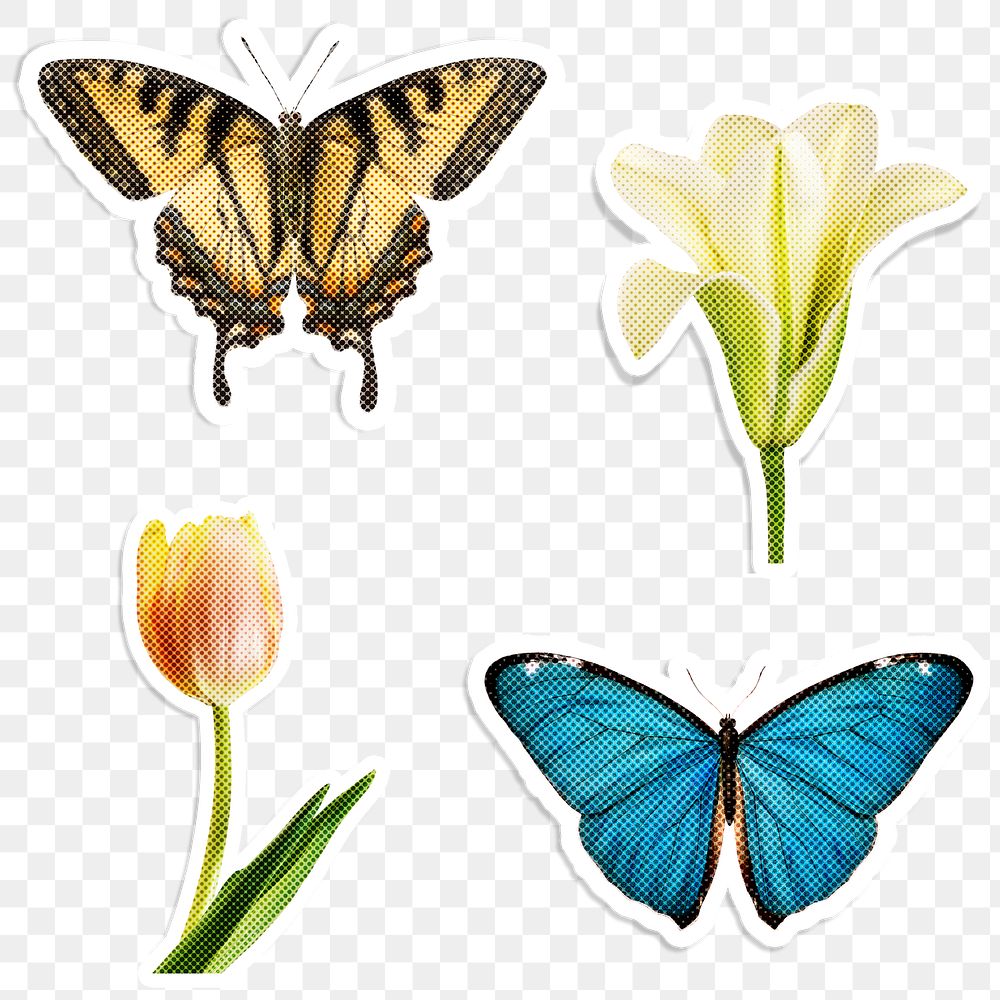 Halftone butterfly and flower sticker set  with a white border