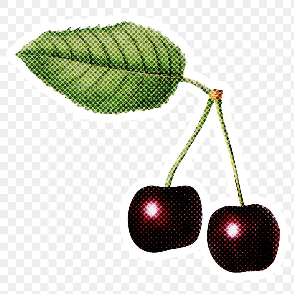 Halftone black cherry sticker with a white border