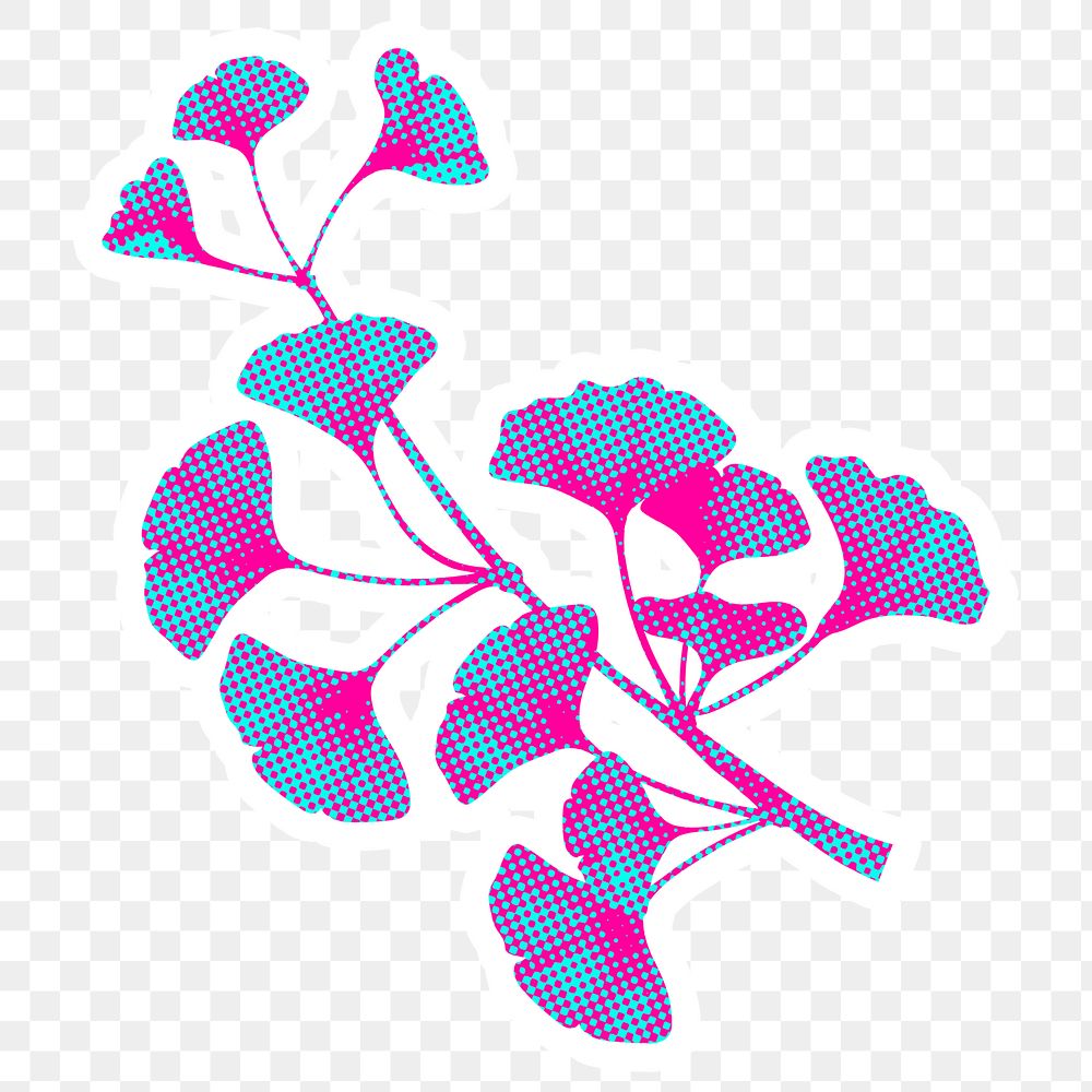 Hand drawn funky ginkgo flower halftone style sticker overlay with a white border