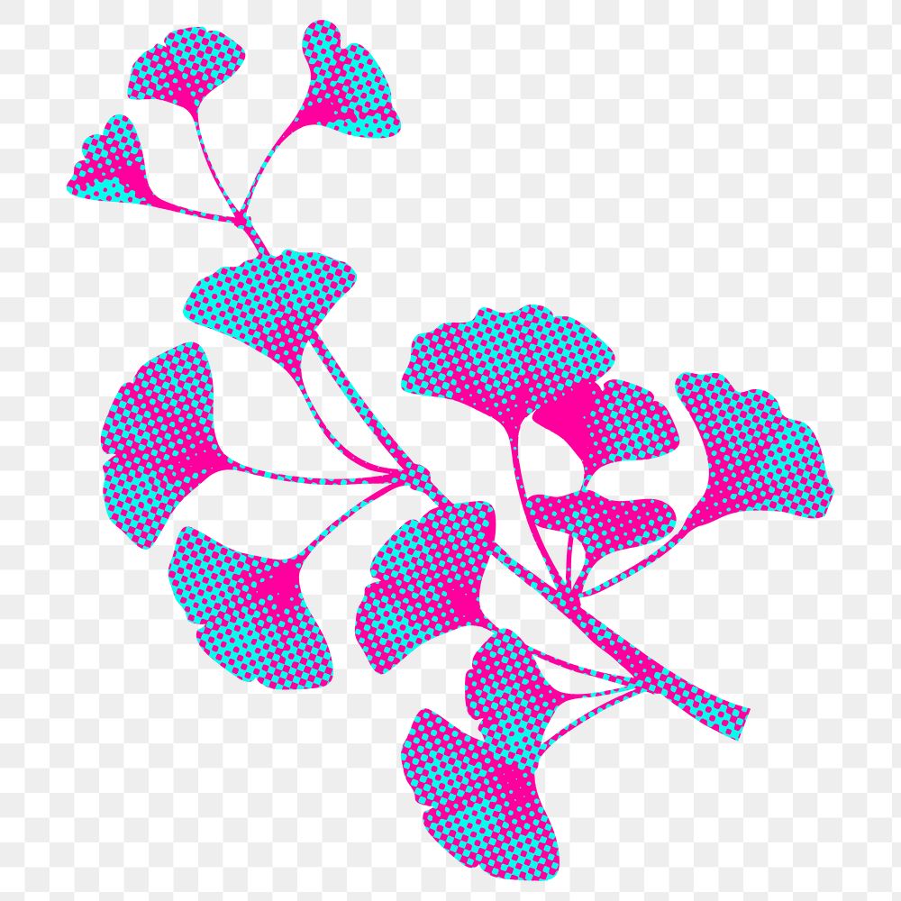 Hand drawn funky ginkgo flower halftone style sticker overlay