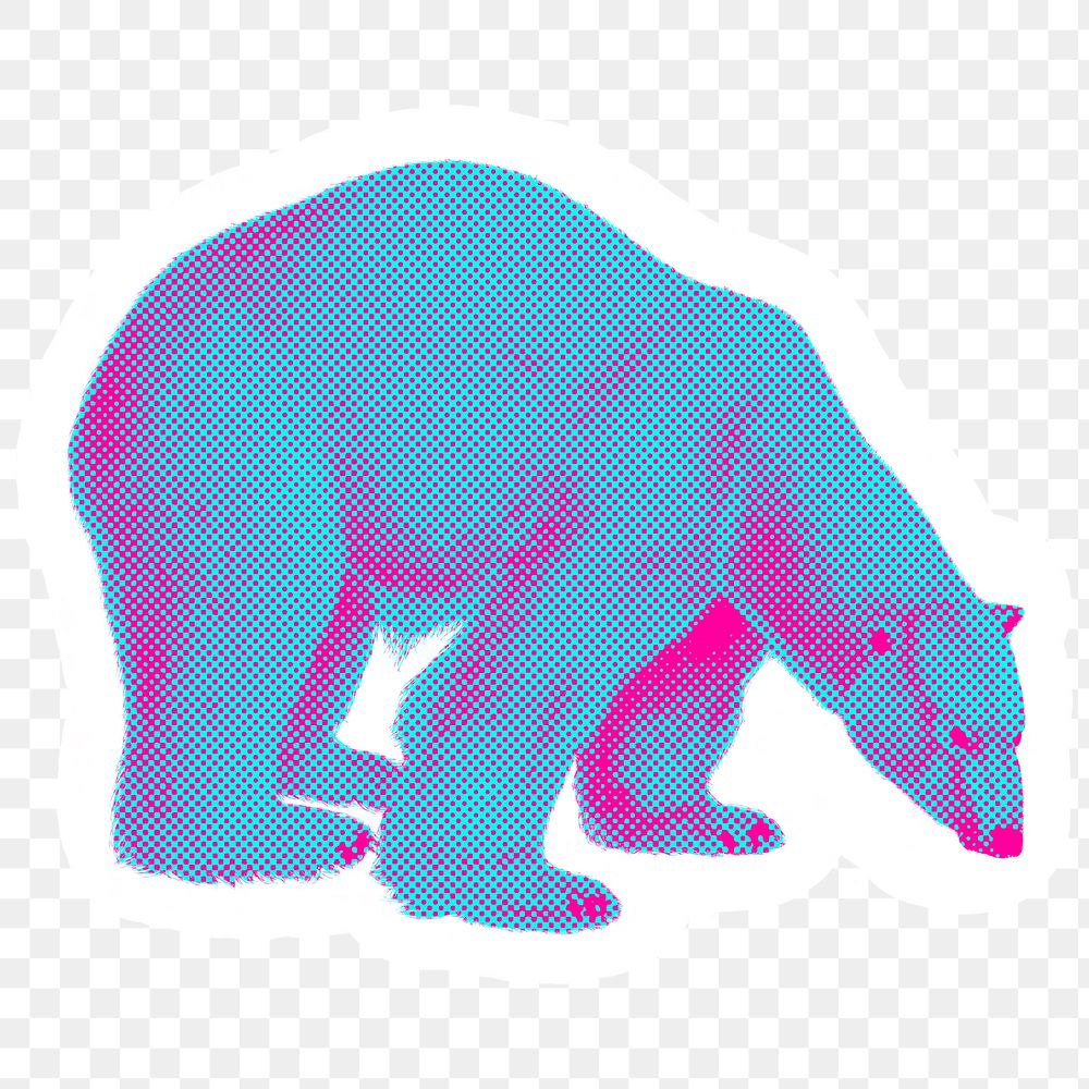 Hand drawn funky polar bear halftone style sticker overlay with a white border