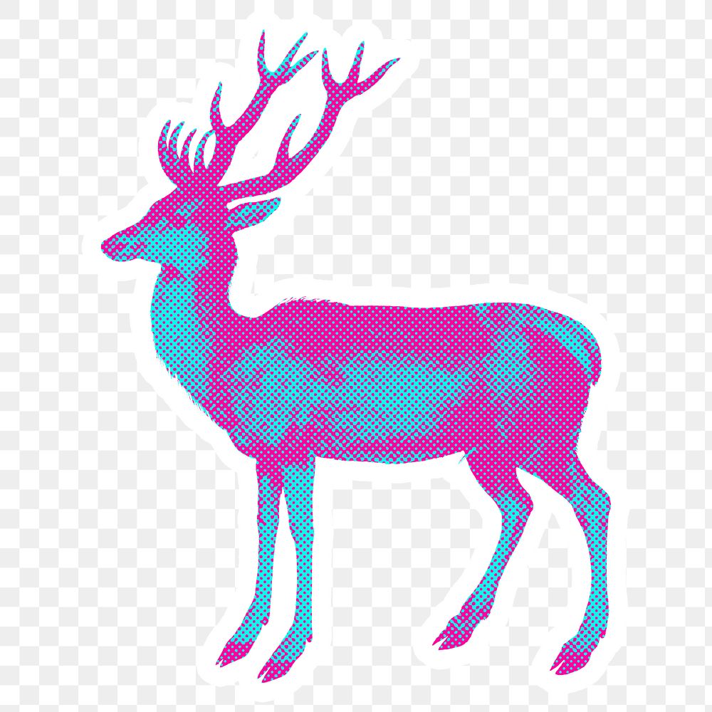 Hand drawn funky deer halftone style sticker overlay with a white border