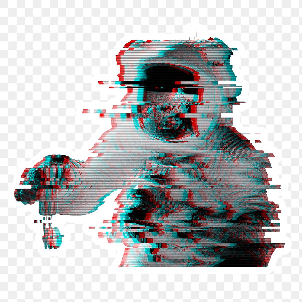 Astronaut in a spacesuit glitch style sticker overlay with a white border 