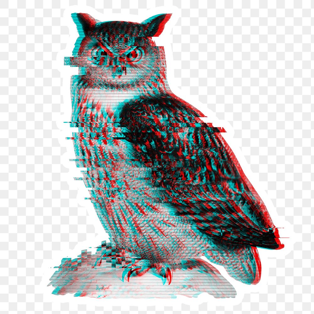 Owl glitch style sticker overlay with a white border