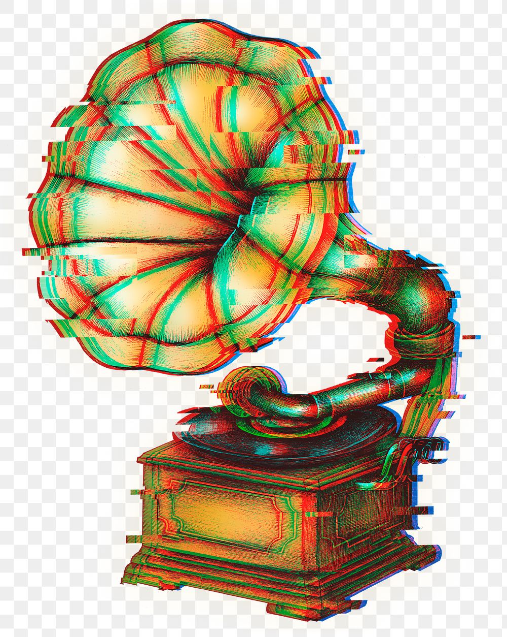 Gramophone with a glitch effect sticker overlay 