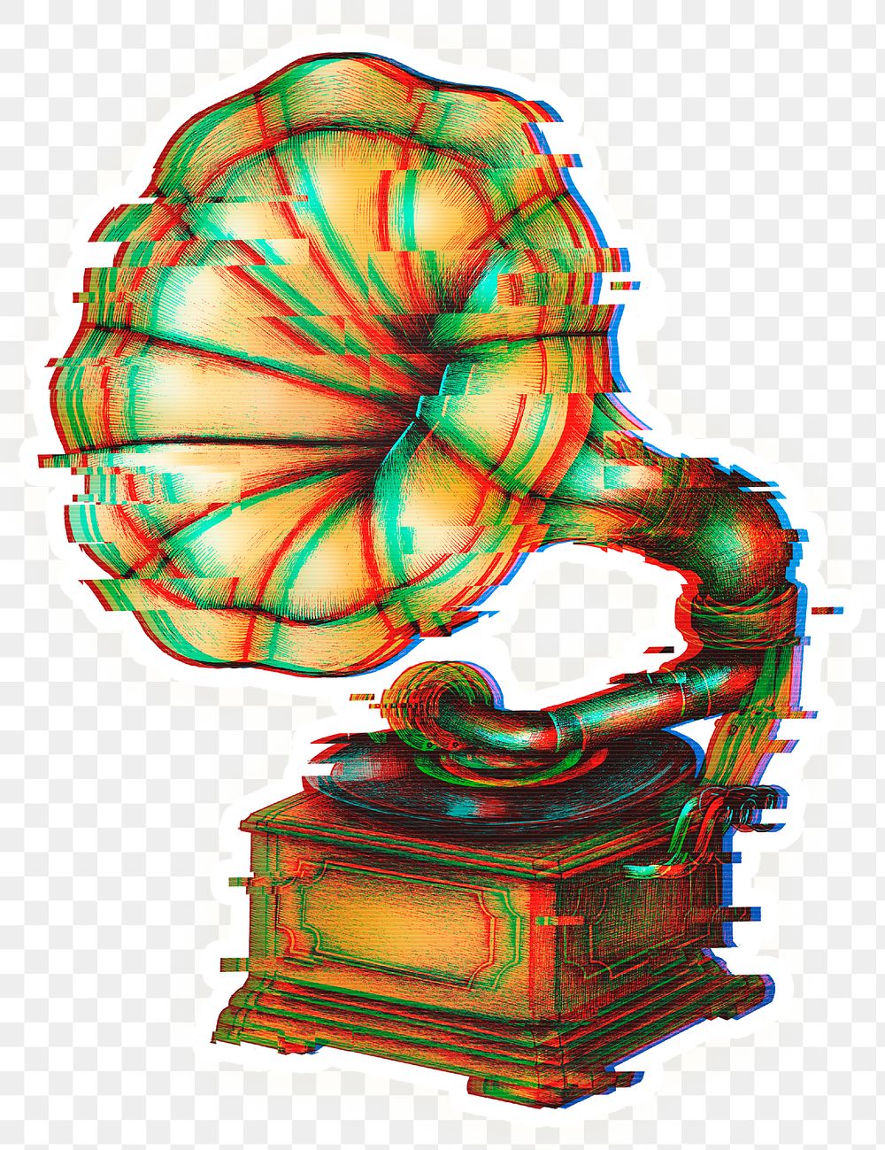 Gramophone with a glitch effect sticker overlay with a white border