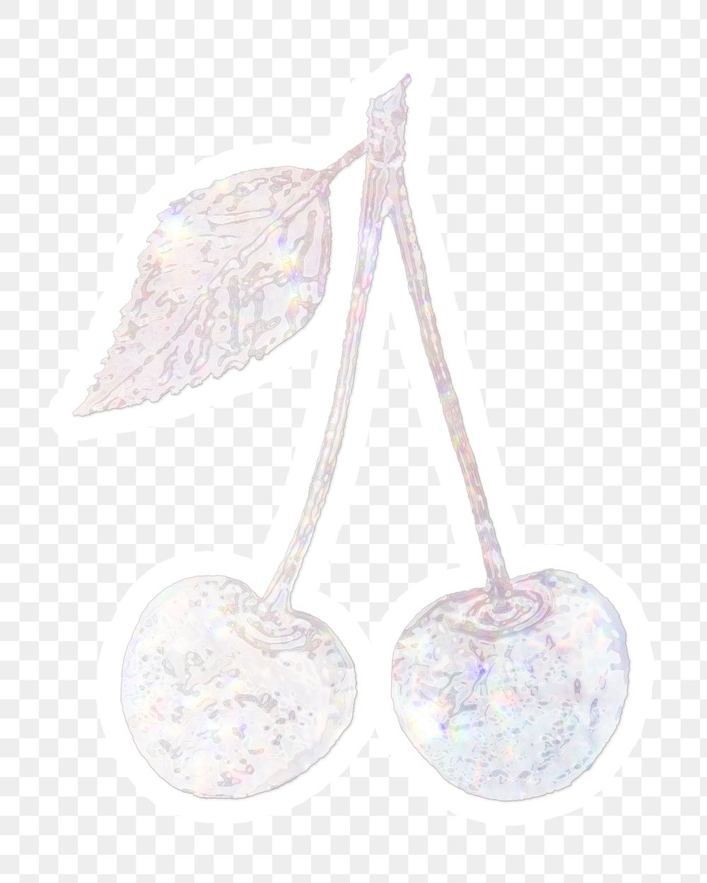 Sparkling silver cherry holographic style sticker design element with white border