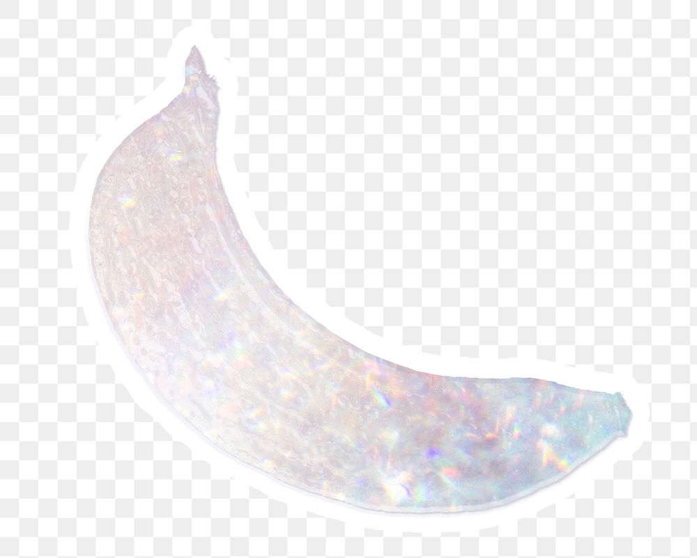 Sparkle silvery banana holographic style sticker design element with white border