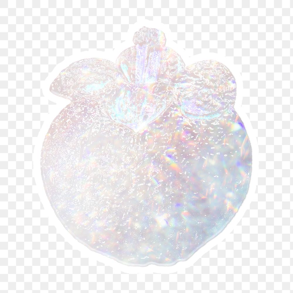 Sparkling silver mangosteen holographic style sticker design element with white border