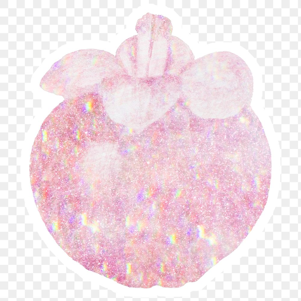 Pink holographic mangosteen sticker design element with white border 