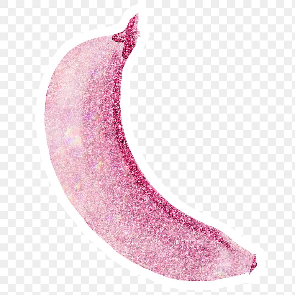 Pink holographic banana sticker design element with white border 