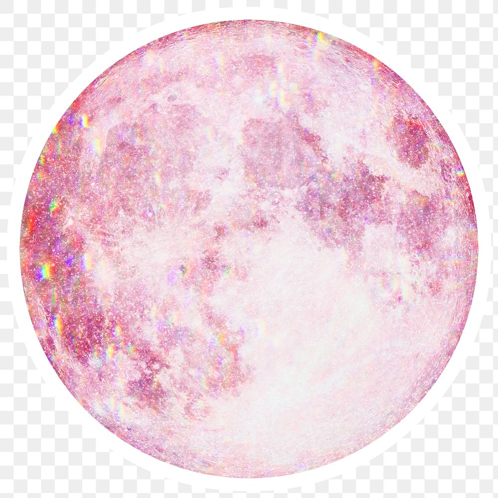 Pink holographic full moon sticker with white border