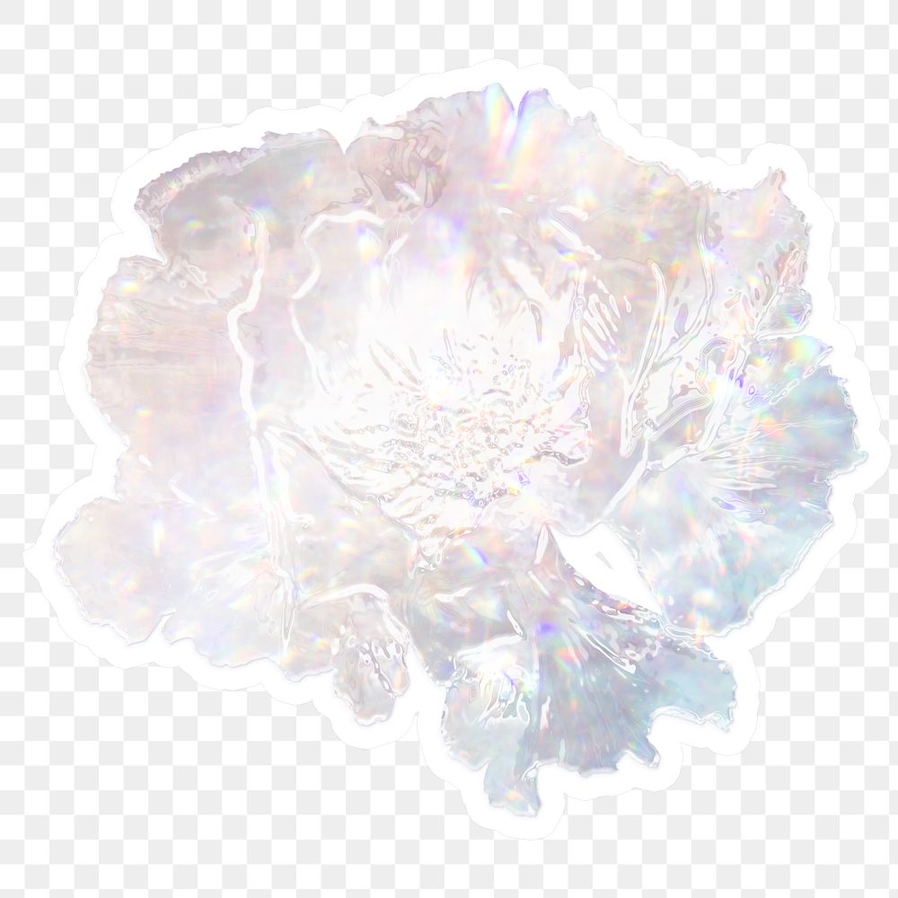 Silver holographic peony flower sticker with white border