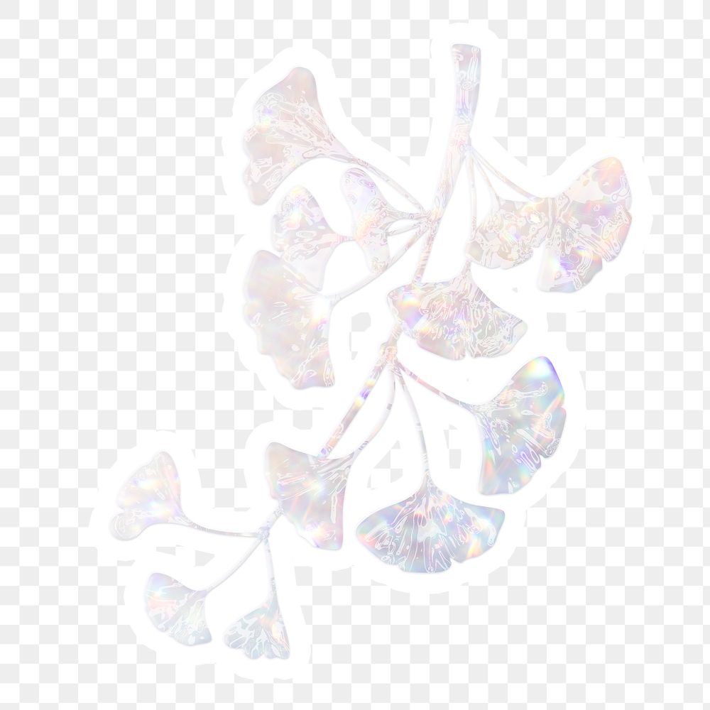 Silver holographic ginkgo branch sticker with white border