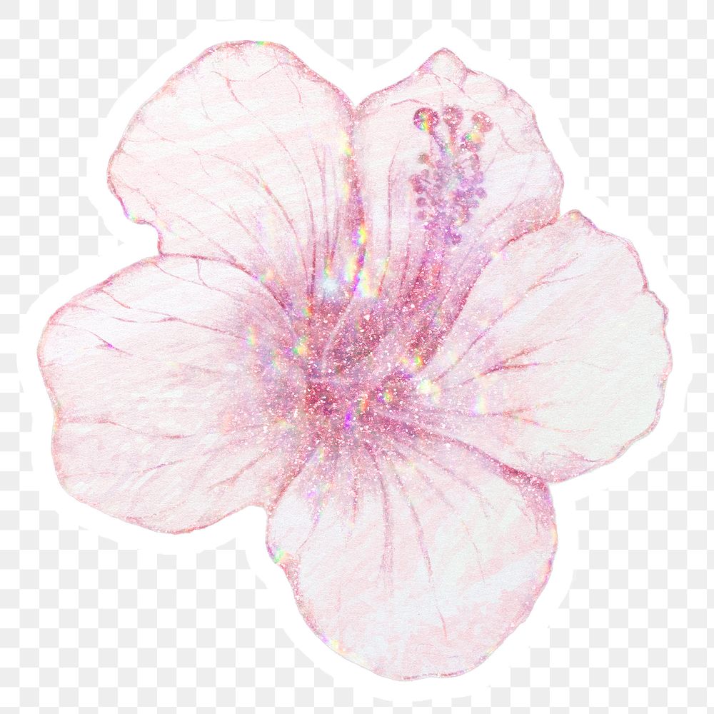 Pink holographic hibiscus flower sticker with a white border