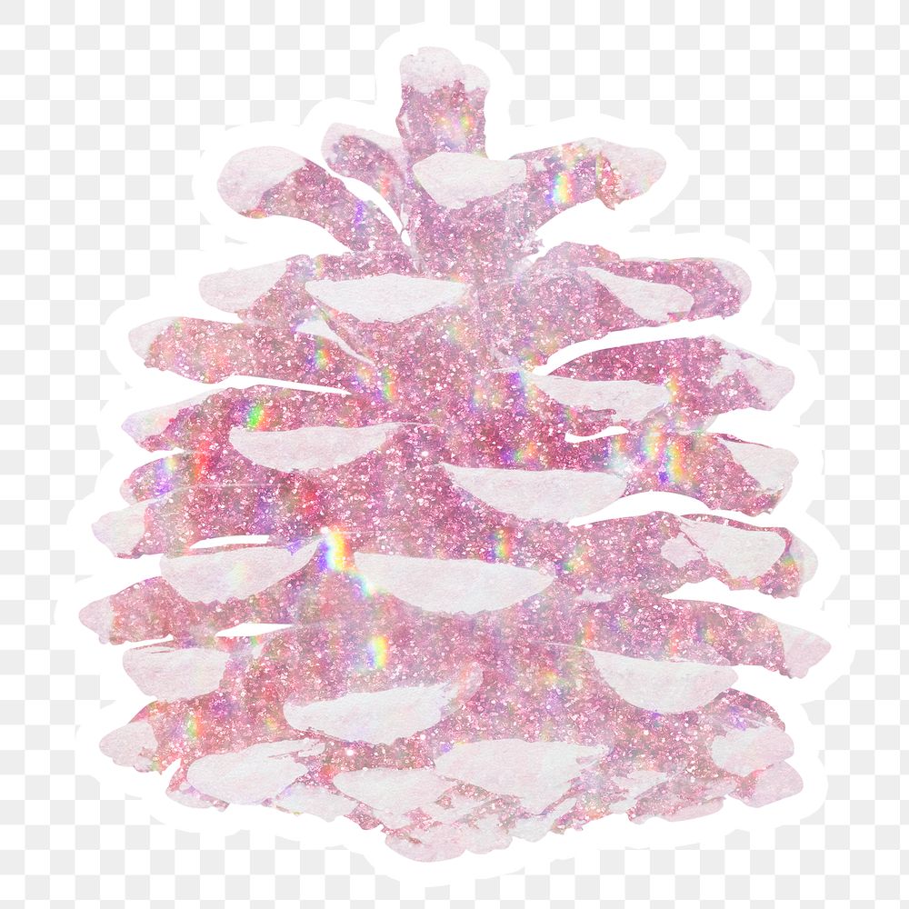 Pink holographic pine cone sticker with a white border