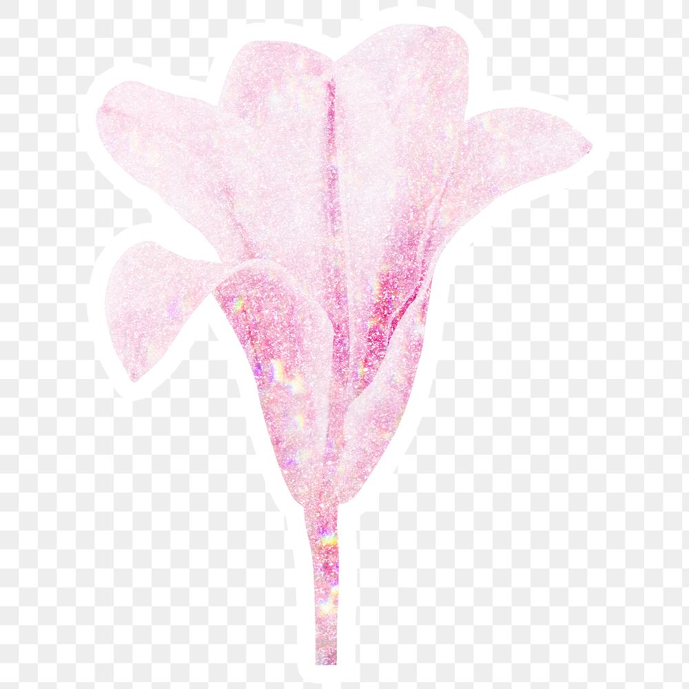 Pink holographic lily sticker with a white border