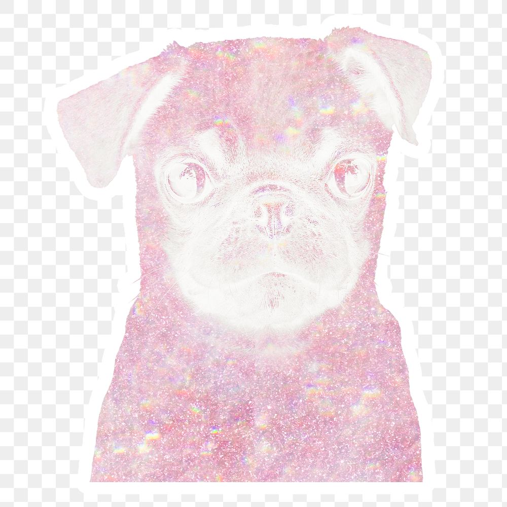 Pink holographic pug puppy sticker with a white border