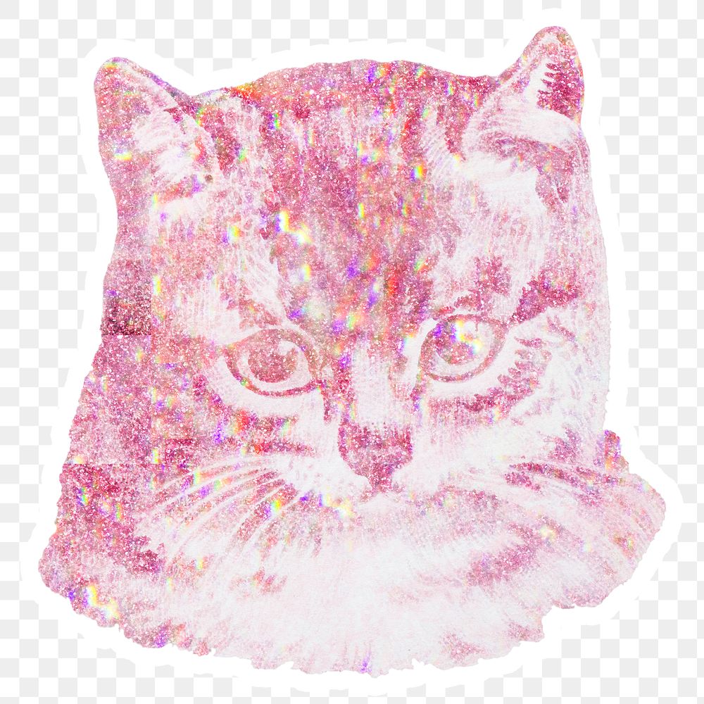 Pink holographic cat sticker with a white border
