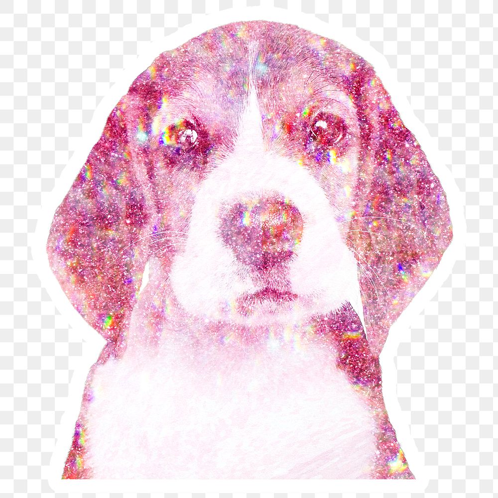 Pink holographic beagle puppy sticker with a white border