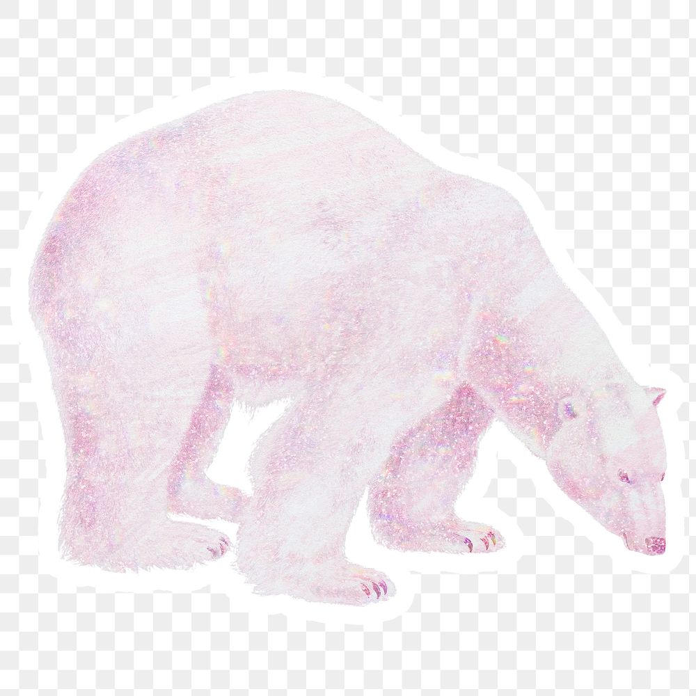 Pink holographic polar bear sticker with a white border