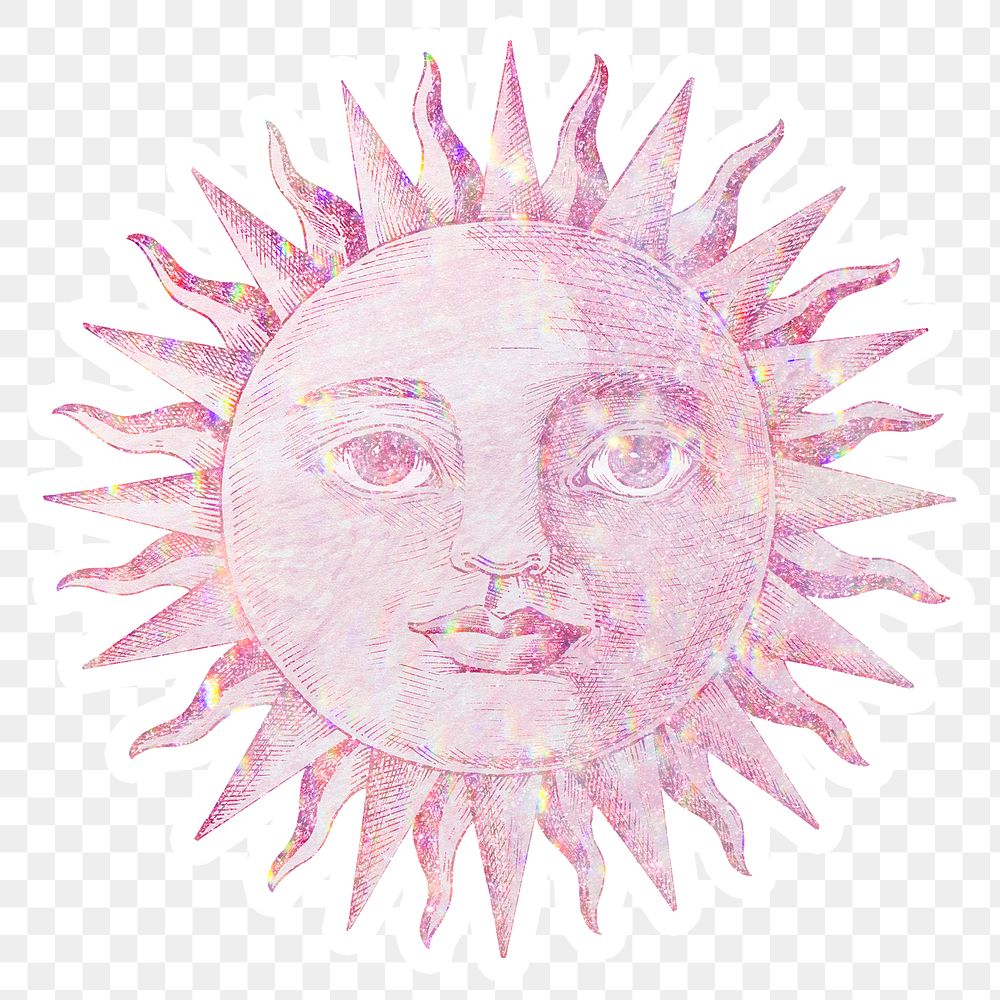 Pink holographic sun with a face sticker with a white border