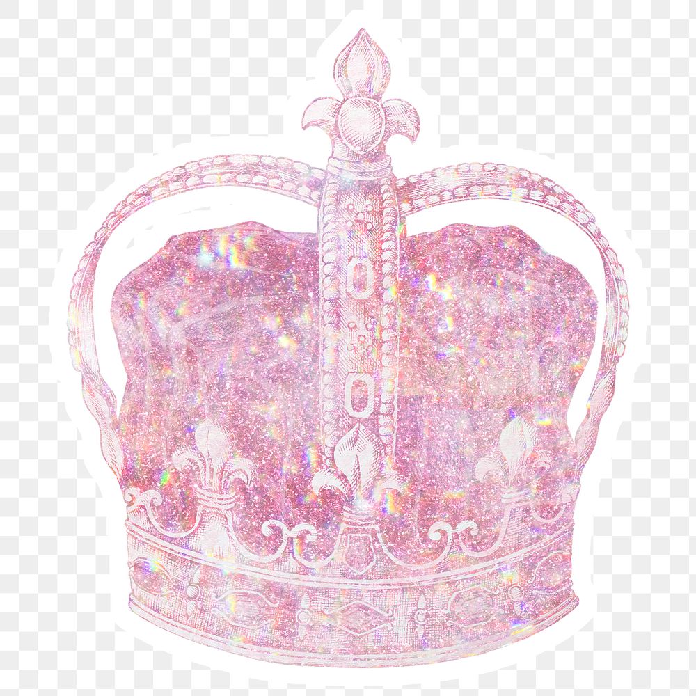 Pink holographic royal crown sticker with a white border