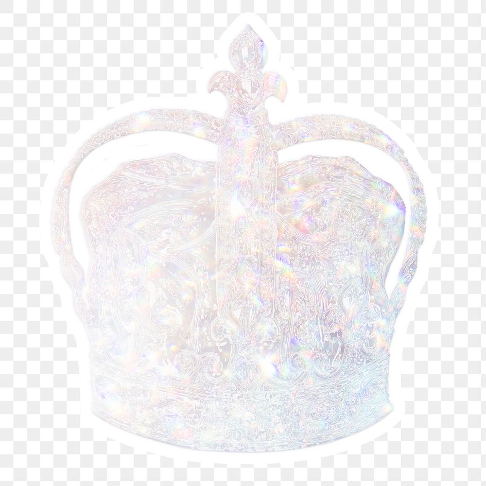 Silvery holographic royal crown sticker with a white border