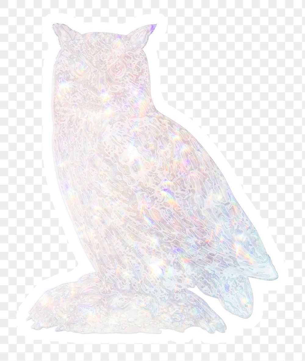 Silvery holographic Eurasian eagle-owl sticker with a white border